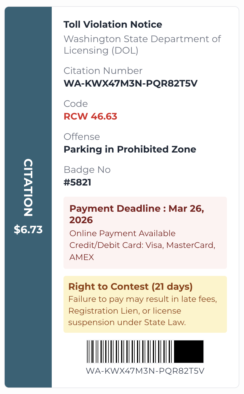 Screenshot of the fake WA DOL toll violation notice